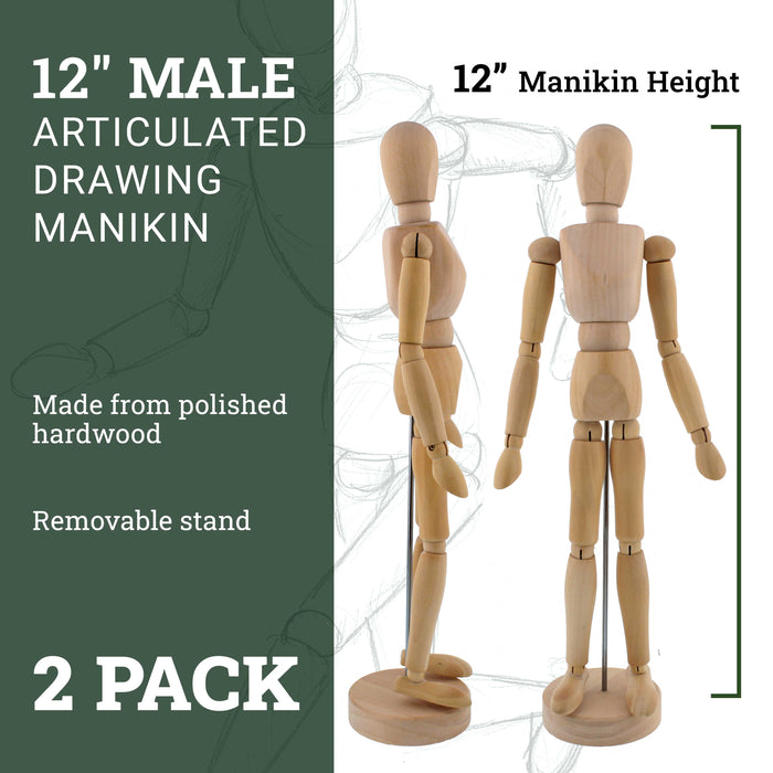 Wood 12" Artist Drawing Manikin Articulated Mannequin with Base and Flexible Body - Perfect For Drawing the Human Figure (12" Male) Pack of 2 Manikins