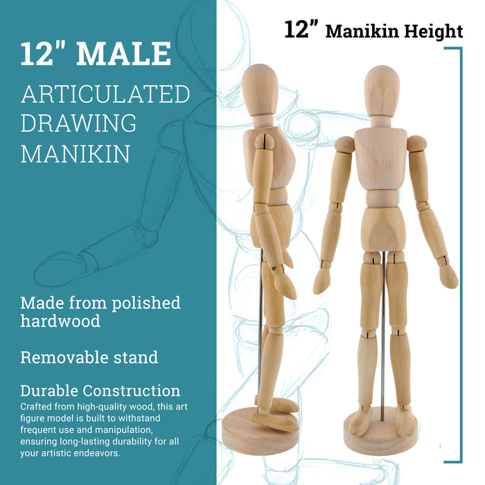 U.S. Art Supply 12" Wooden Male Manikin Posable Figure for Drawing (2 Pack) - Articulated Mannequin with Base and Flexible Body for Drawing The Human Figure
