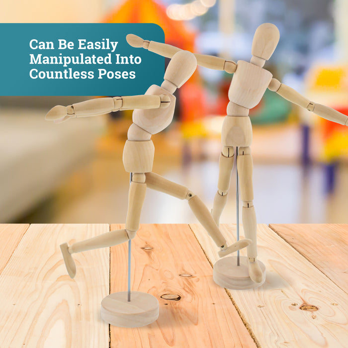 U.S. Art Supply 12" Wooden Male Manikin Posable Figure for Drawing (2 Pack) - Articulated Mannequin with Base and Flexible Body for Drawing The Human Figure
