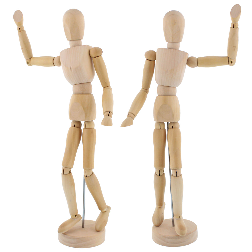 U.S. Art Supply 12" Wooden Male Manikin Posable Figure for Drawing (2 Pack) - Articulated Mannequin with Base and Flexible Body for Drawing The Human Figure