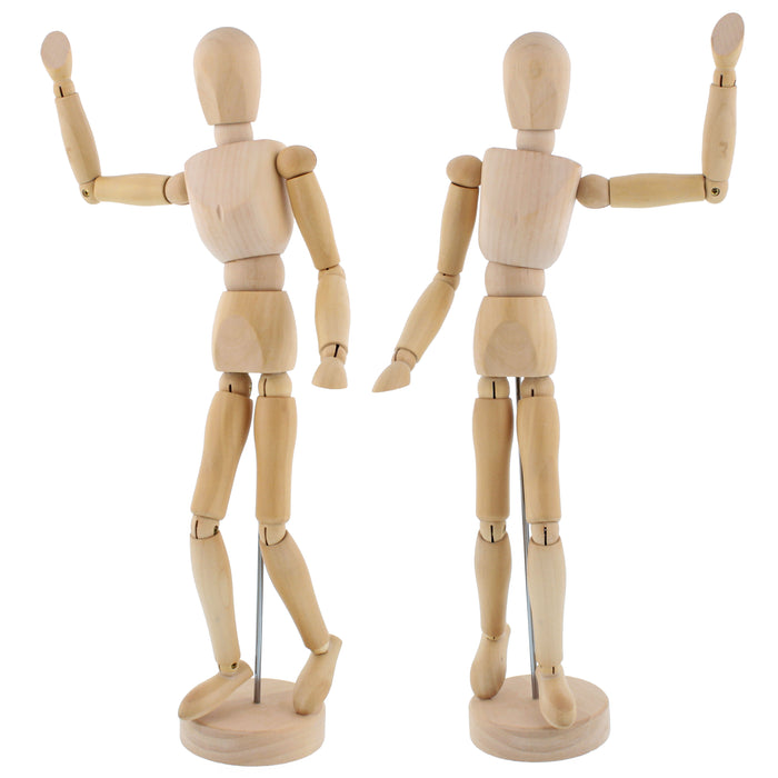 U.S. Art Supply 12" Wooden Male Manikin Posable Figure for Drawing (2 Pack) - Articulated Mannequin with Base and Flexible Body for Drawing The Human Figure