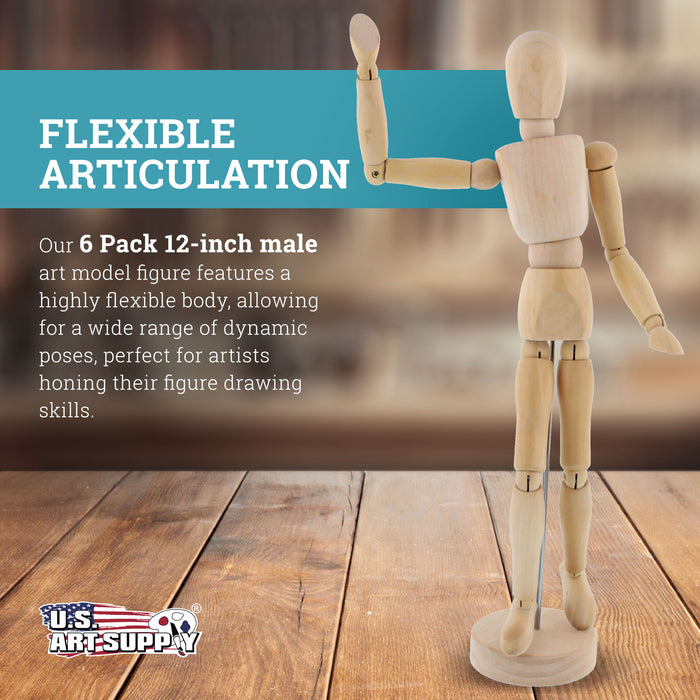 U.S. Art Supply 12" Wooden Male Manikin Posable Figure for Drawing (6 Pack) - Articulated Mannequin with Base and Flexible Body for Drawing The Human Figure