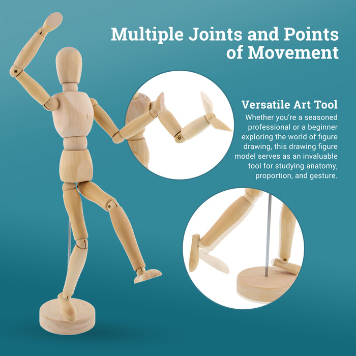 U.S. Art Supply 12" Wooden Male Manikin Posable Figure for Drawing (6 Pack) - Articulated Mannequin with Base and Flexible Body for Drawing The Human Figure