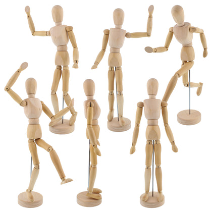 12" Wooden Male Manikin Posable Figure for Drawing (6 Pack) - Articulated Mannequin with Base and Flexible Body for Drawing The Human Figure