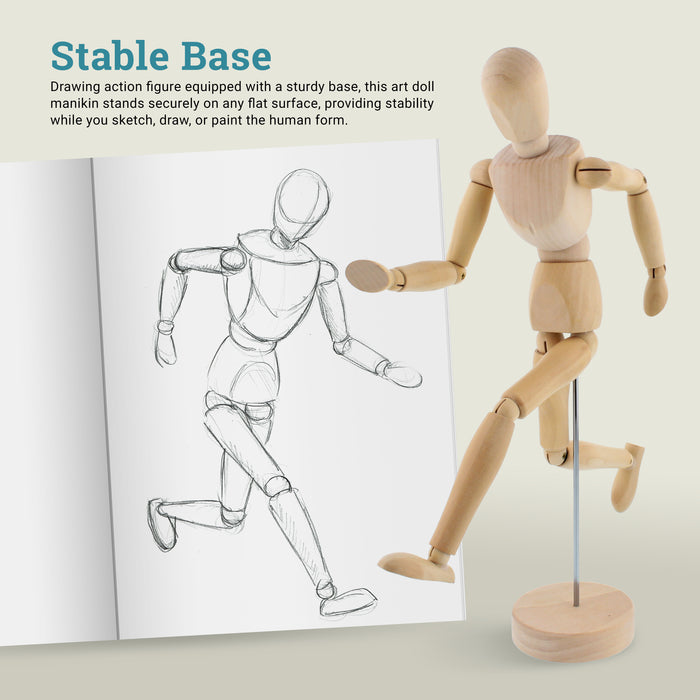 12" Wooden Male Manikin Posable Figure for Drawing - Articulated Mannequin with Base and Flexible Body for Drawing The Human Figure