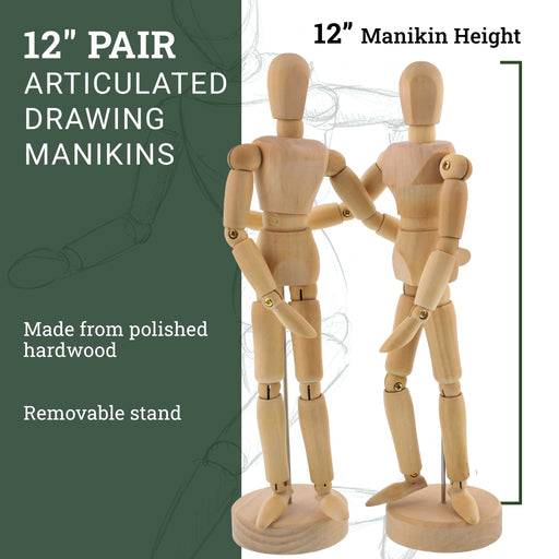 Wood 12" Artist Drawing Manikin Articulated Mannequin with Base and Flexible Body - Perfect For Drawing the Human Figure (12" Pair - Male & Female)