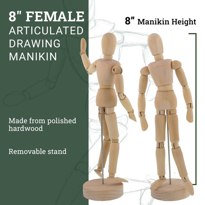 Wood 8" Artist Drawing Manikin Articulated Mannequin with Base and Flexible Body - Perfect For Drawing the Human Figure (8" Female)