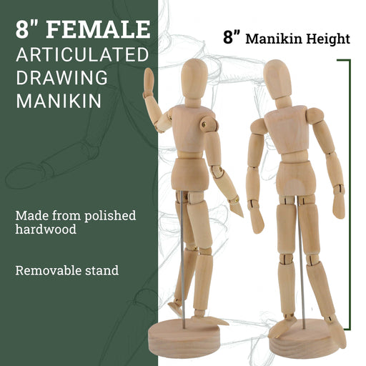 Wood 8" Artist Drawing Manikin Articulated Mannequin with Base and Flexible Body - Perfect For Drawing the Human Figure (8" Female)