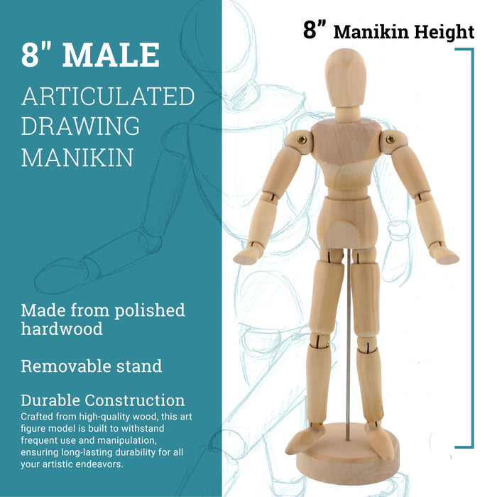 U.S. Art Supply 8" Wooden Male Manikin Posable Figure for Drawing (2 Pack) - Articulated Mannequin with Base and Flexible Body for Drawing The Human Figure