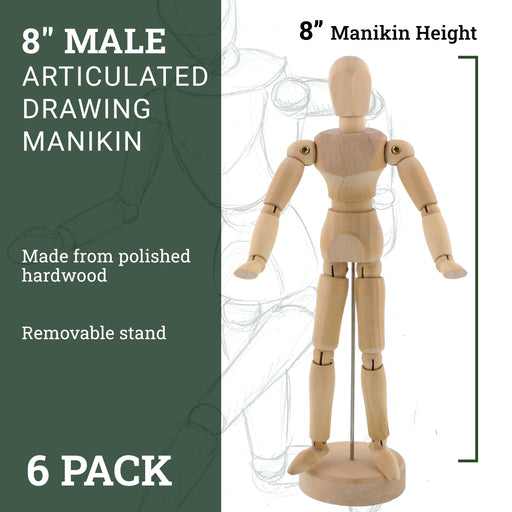 Wood 8" Artist Drawing Manikin Articulated Mannequin with Base and Flexible Body - Perfect For Drawing the Human Figure (8" Male) Pack of 6 Manikins