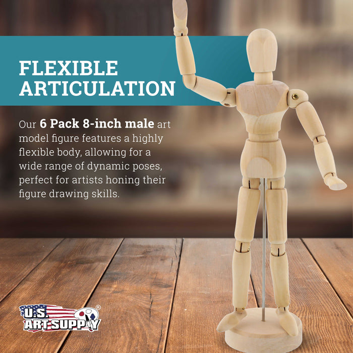 U.S. Art Supply 8" Wooden Male Manikin Posable Figure for Drawing (6 Pack) - Articulated Mannequin with Base and Flexible Body for Drawing The Human Figure