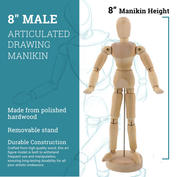 U.S. Art Supply 8" Wooden Male Manikin Posable Figure for Drawing (6 Pack) - Articulated Mannequin with Base and Flexible Body for Drawing The Human Figure