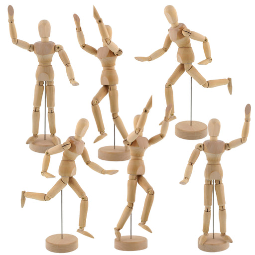 Wood 8" Artist Drawing Manikin Articulated Mannequin with Base and Flexible Body - Perfect For Drawing the Human Figure (8" Male) Pack of 6 Manikins