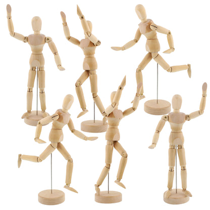 8" Wooden Male Manikin Posable Figure for Drawing (6 Pack) - Articulated Mannequin with Base and Flexible Body for Drawing The Human Figure