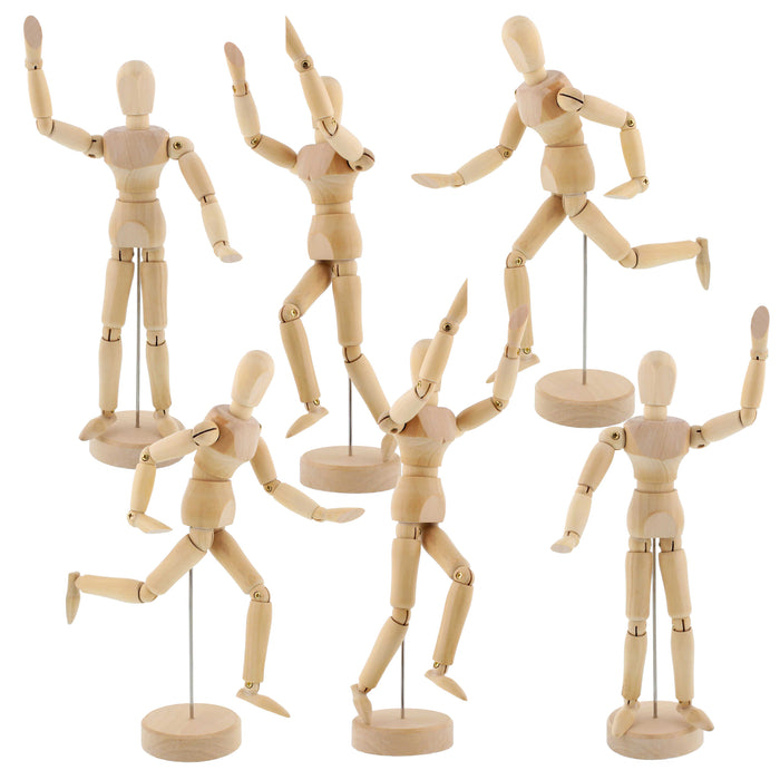 U.S. Art Supply 8" Wooden Male Manikin Posable Figure for Drawing (6 Pack) - Articulated Mannequin with Base and Flexible Body for Drawing The Human Figure