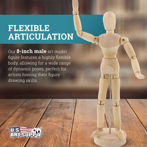 U.S. Art Supply 8" Wooden Male Manikin Posable Figure for Drawing - Articulated Mannequin with Base and Flexible Body for Drawing The Human Figure
