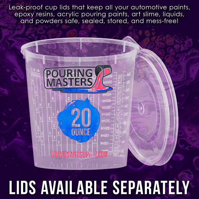 Pouring Masters 20 Ounce (600ml) Graduated Plastic Mixing Cups (Box of 12) - Paint Mixing Cups for Epoxy Resin, Art, Kitchen, Baking - Measurements in OZ and ML, 4 Different Measuring Ratios 1:1