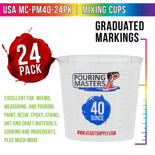 Pouring Masters 40 Ounce (1200ml) Graduated Plastic Mixing Cups (Box of 24) - Use for Paint, Resin, Epoxy, Art, Kitchen - Measurements OZ. ML., Ratios