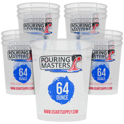 Pouring Masters 64 Ounce (2000ml) Graduated Plastic Mixing Cups (Box of 12) - Paint Mixing Cups for Epoxy Resin, Art, Kitchen, Baking - Measurements in OZ and ML, 4 Different Measuring Ratios 1:1