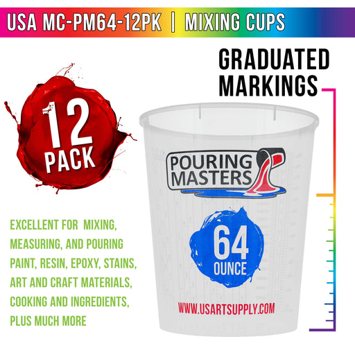 Pouring Masters 64 Ounce (2000ml) Graduated Plastic Mixing Cups (Box of 12) - Use for Paint, Resin, Epoxy, Art, Kitchen - Measurements OZ. ML. Ratios