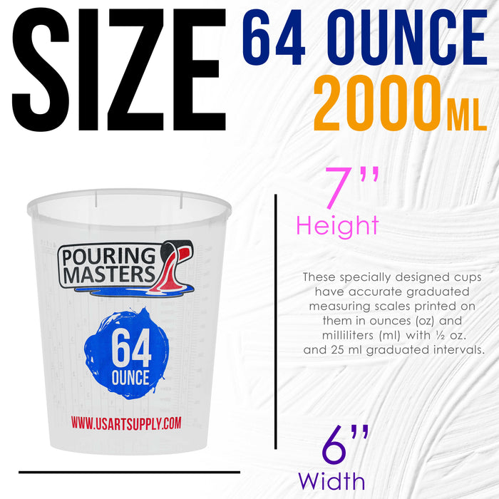 Pouring Masters 64 Ounce (2000ml) Graduated Plastic Mixing Cups (Box of 12) - Use for Paint, Resin, Epoxy, Art, Kitchen - Measurements OZ. ML. Ratios