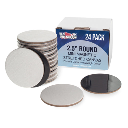 Mini Magnetic Canvas Panels, 24 Pack, 2.5 Inch Round, Primed 8 Ounce Heavyweight Cotton, Small Canvases for Painting Acrylic and Watercolor, White Square Flat Canvas Boards