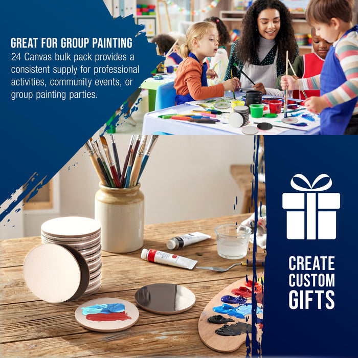 Mini Magnetic Canvas Panels, 24 Pack, 2.5 Inch Round, Primed 8 Ounce Heavyweight Cotton, Small Canvases for Painting Acrylic and Watercolor, White Square Flat Canvas Boards