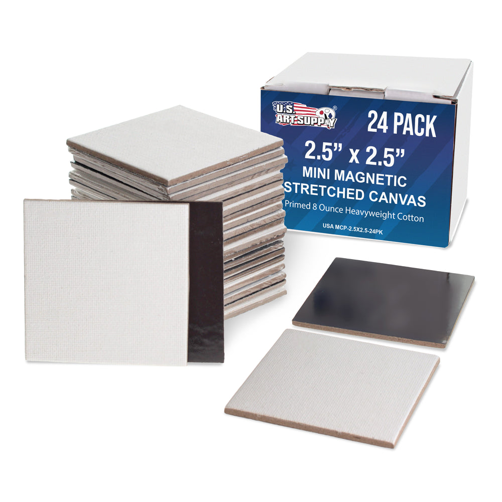 Mini Magnetic Canvas Panels, 24 Pack, 2.5x2.5 Inch, Primed 8 Ounce Heavyweight Cotton, Small Canvases for Painting Acrylic and Watercolor, White Square Flat Canvas Boards