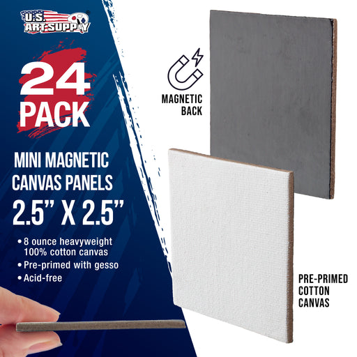 Mini Magnetic Canvas Panels, 24 Pack, 2.5x2.5 Inch, Primed 8 Ounce Heavyweight Cotton, Small Canvases for Painting Acrylic and Watercolor, White Square Flat Canvas Boards