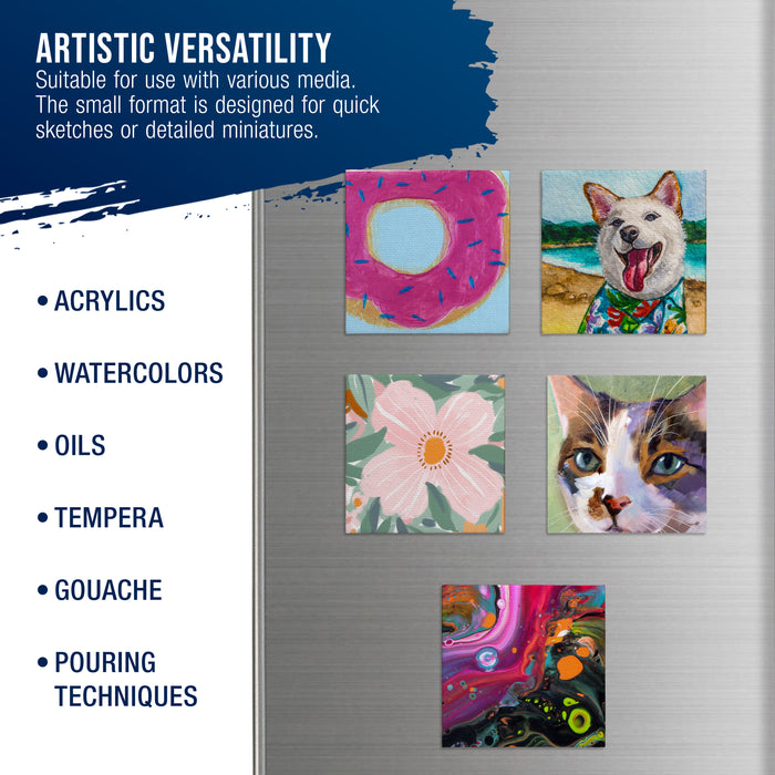 Mini Magnetic Canvas Panels, 24 Pack, 2.5x2.5 Inch, Primed 8 Ounce Heavyweight Cotton, Small Canvases for Painting Acrylic and Watercolor, White Square Flat Canvas Boards