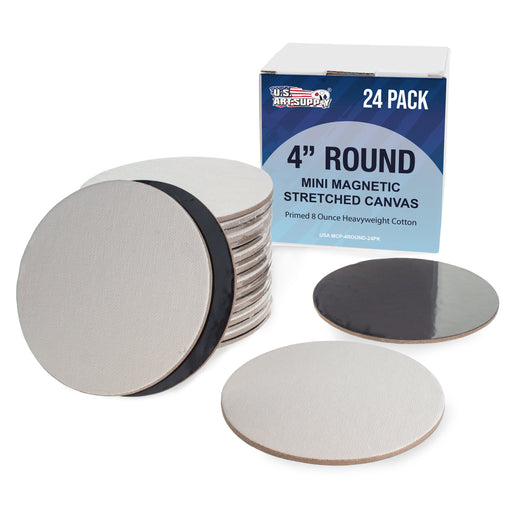 Mini Magnetic Canvas Panels, 24 Pack, 4 Inch Round, Primed 8 Ounce Heavyweight Cotton, Small Canvases for Painting Acrylic and Watercolor, White Square Flat Canvas Boards