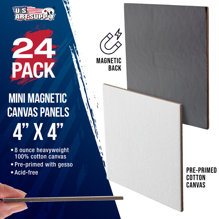 Mini Magnetic Canvas Panels, 24 Pack, 4x4 Inch, Primed 8 Ounce Heavyweight Cotton, Small Canvases for Painting Acrylic and Watercolor, White Square Flat Canvas Boards