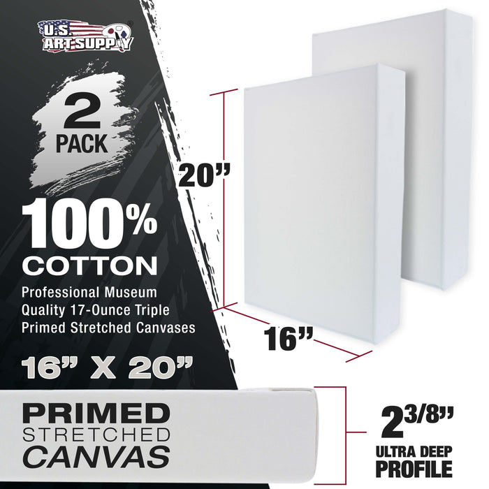 Stretched Canvas for Painting 16" x 20" Museum 2-3/8" Extra Deep Profile, 17oz Acrylic Gesso Triple Primed, Gallery-Style (2 Pack), 100% Cotton, Art Canvases for Painting, Epoxy Resin