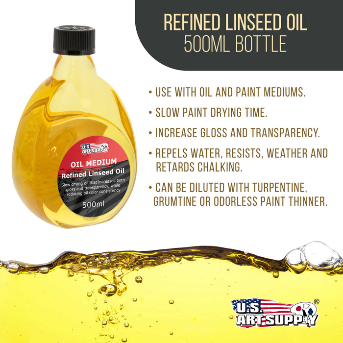 U.S. Art Supply Refined Linseed Oil, 500ml (16.9 oz) Fluid Medium - Linseed Oil for Wood, Painting Mediums & Wood Finishing