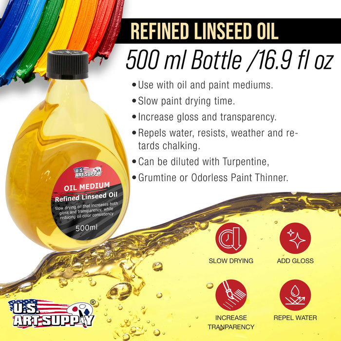 U.S. Art Supply Refined Linseed Oil, 500ml (16.9 oz) Fluid Medium - Linseed Oil for Wood, Painting Mediums & Wood Finishing