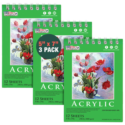 5 x 7" Premium Heavy-Weight Acrylic Painting Paper Pad, 246lb (400gsm), 3 Pack, 12 Sheets, Spiral Bound, for Acrylic Paint