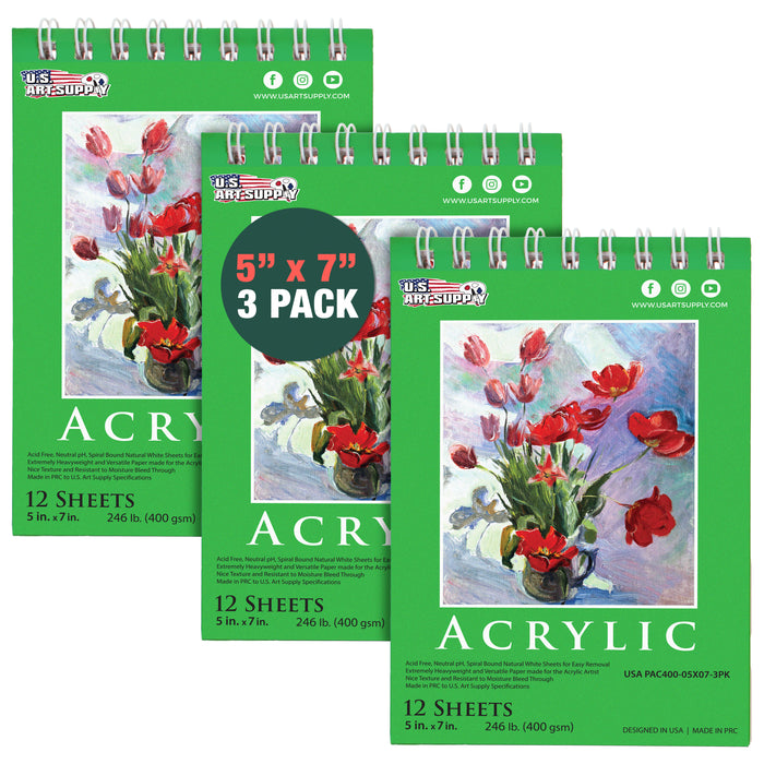 5 x 7" Premium Heavy-Weight Acrylic Painting Paper Pad, 246lb (400gsm), 3 Pack, 12 Sheets, Spiral Bound, for Acrylic Paint