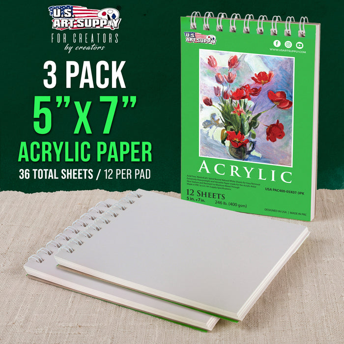 5 x 7" Premium Heavy-Weight Acrylic Painting Paper Pad, 246lb (400gsm), 3 Pack, 12 Sheets, Spiral Bound, for Acrylic Paint