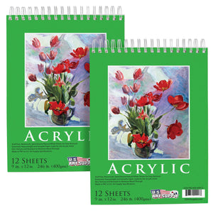 9 x 12" Premium Heavy-Weight Acrylic Painting Paper Pad, 246lb (400gsm), 2 Pack, 12 Sheets, Spiral Bound, for Acrylic Paint