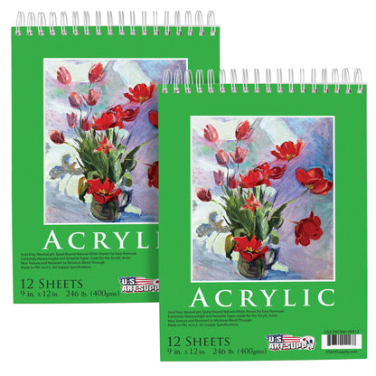 9 x 12" Premium Heavy-Weight Acrylic Painting Paper Pad, 246lb (400gsm), 2 Pack, 12 Sheets, Spiral Bound, for Acrylic Paint