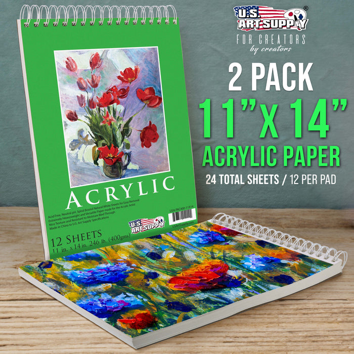 11 x 14" Premium Heavy-Weight Acrylic Painting Paper Pad, 246lb (400gsm), 2 Pack, 12 Sheets, Spiral Bound, for Acrylic Paint