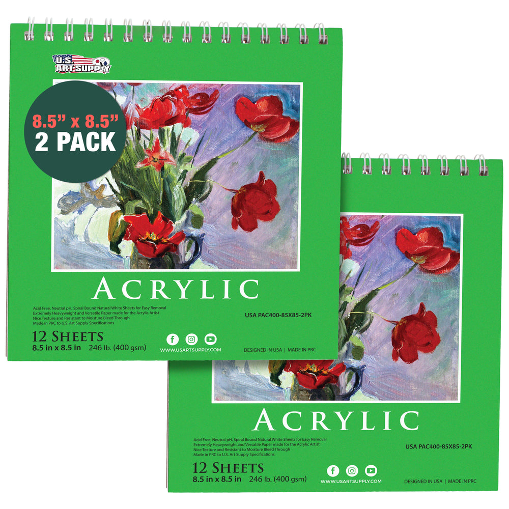 8.5" x 8.5" Premium Heavy-Weight Acrylic Painting Paper Pad, 246lb (400gsm), 2 Pack, 12 Sheets, Spiral Bound, for Acrylic Paint