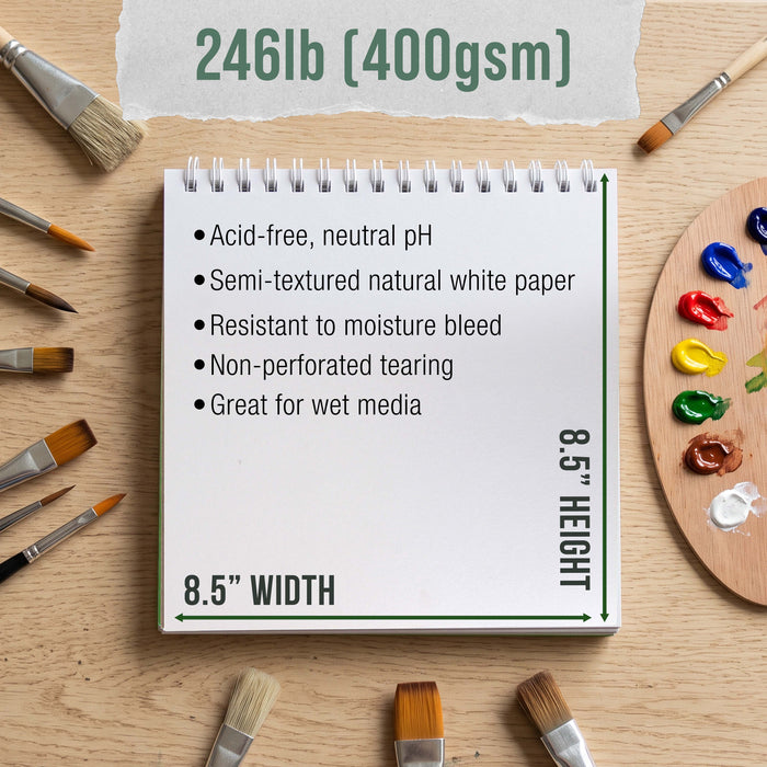 8.5" x 8.5" Premium Heavy-Weight Acrylic Painting Paper Pad, 246lb (400gsm), 2 Pack, 12 Sheets, Spiral Bound, for Acrylic Paint