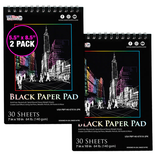7 x 10" Premium Heavy-Weight Black Paper Sketchbook, 64lb (140gsm), 2 Pack, 30 Sheets, Spiral Bound, Black Paper Notebook for Colored Pencil, Markers, Oil Pastels, Chalk, Charcoal