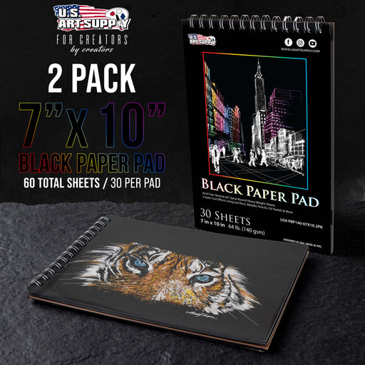 7 x 10" Premium Heavy-Weight Black Paper Sketchbook, 64lb (140gsm), 2 Pack, 30 Sheets, Spiral Bound, Black Paper Notebook for Colored Pencil, Markers, Oil Pastels, Chalk, Charcoal