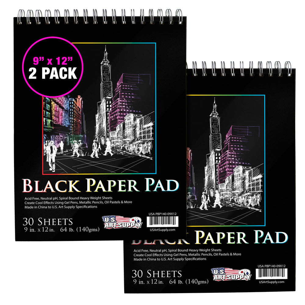 9 x 12" Premium Heavy-Weight Black Paper Sketchbook, 64lb (140gsm), 2 Pack, 30 Sheets, Spiral Bound, Black Paper Notebook for Colored Pencil, Markers, Oil Pastels, Chalk, Charcoal