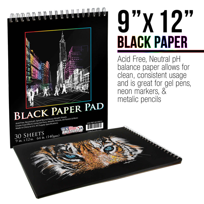 9 in. x 12 in. Premium Black Heavyweight Paper Spiral Bound Sketch Pad, 140gsm, 64 Pound, 30 Sheets (Pack of 2 Pads)