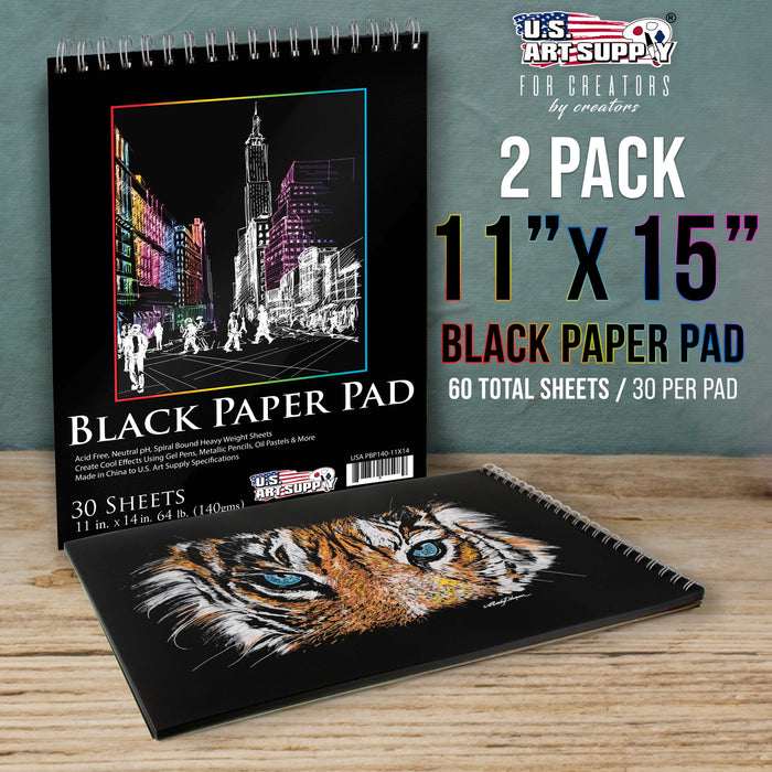 11x14" Premium Heavy-Weight Black Paper Sketchbook, 64lb (140gsm), 2 Pack, 30 Sheets, Spiral Bound, Black Paper Notebook for Colored Pencil, Markers, Oil Pastels, Chalk, Charcoal