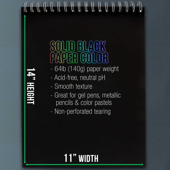 11x14" Premium Heavy-Weight Black Paper Sketchbook, 64lb (140gsm), 2 Pack, 30 Sheets, Spiral Bound, Black Paper Notebook for Colored Pencil, Markers, Oil Pastels, Chalk, Charcoal