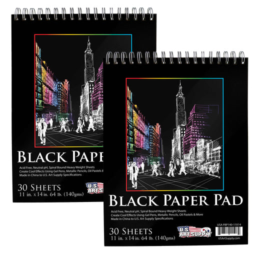 11 x 14" Premium Heavy-Weight Black Paper Sketchbook, 64lb (140gsm), 2 Pack, 30 Sheets, Spiral Bound, Black Paper Notebook for Colored Pencil, Markers, Oil Pastels, Chalk, Charcoal